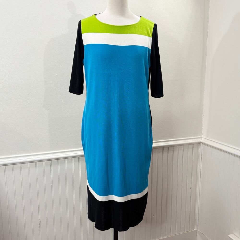 Misook Colorblock Midi Dress in Blue, Black, Lime and White